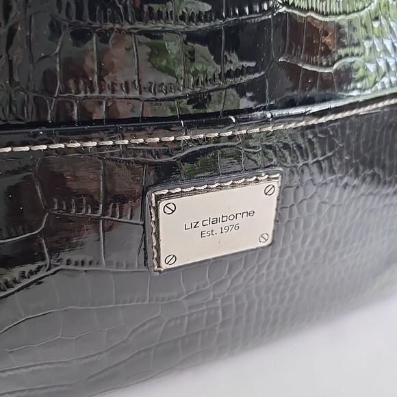 LIZ CLAIBORNE Embossed Faux Crocodile Black Purse Tote Shoulder Bag 14x10x5 EUC - Picture 4 of 15